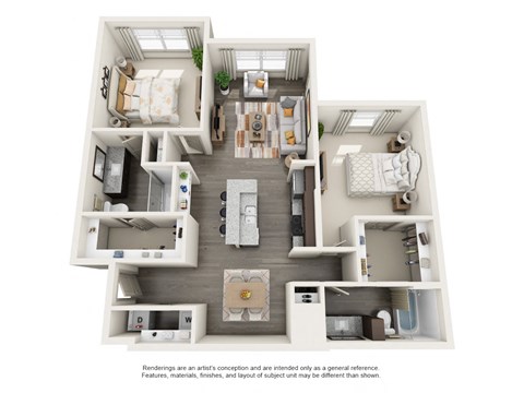 A floor plan of a house with a kitchen, living room, and two bedrooms.